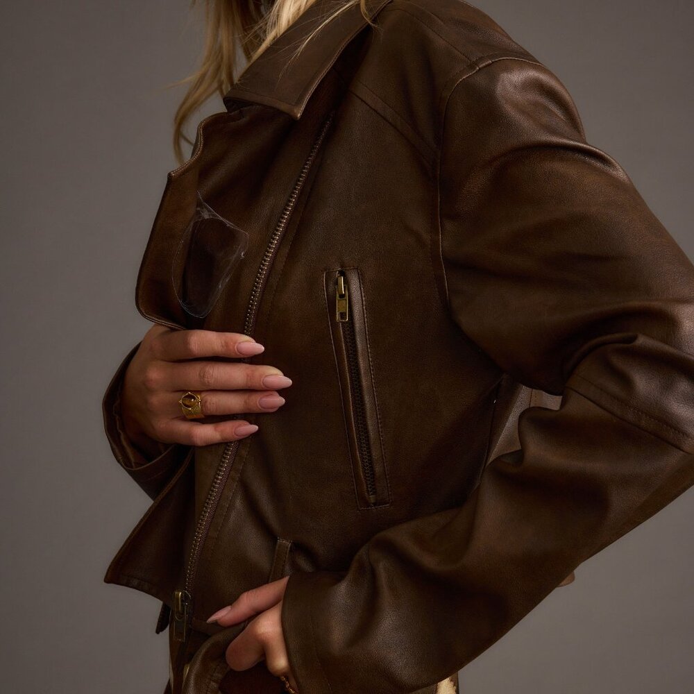 NWT 12th Tribe Mulholland Mocha Vegan Leather Moto Jacket Size S